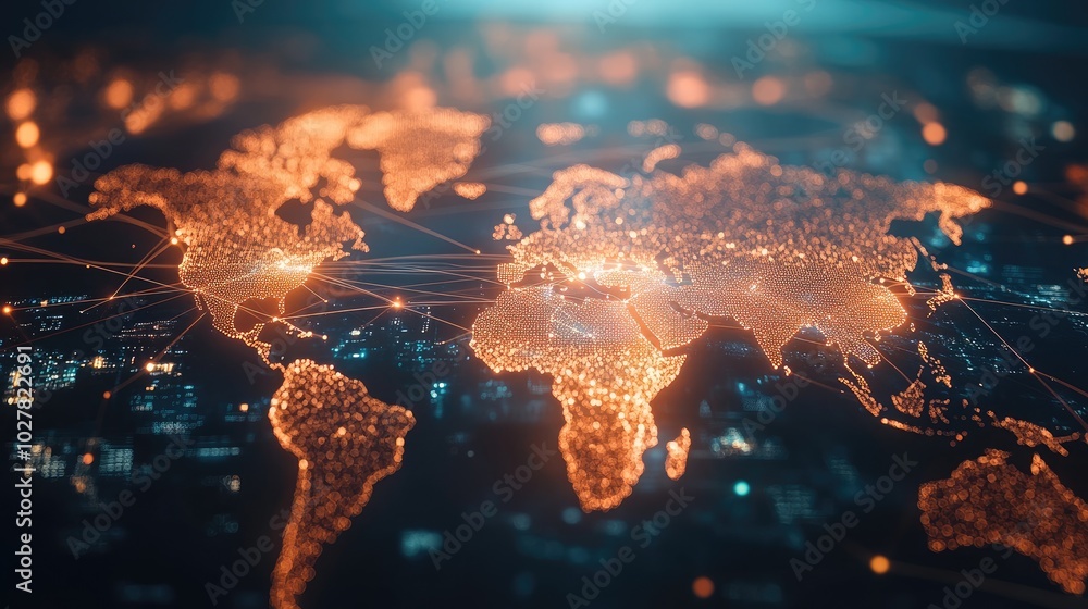 Poster modern representation of global connectivity with dynamic network lines and nodes forming an interac