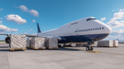 Cargo airplane on runway, white isolate background