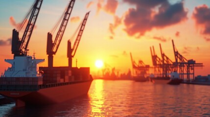 Obraz premium Cargo ship at sunset in harbor