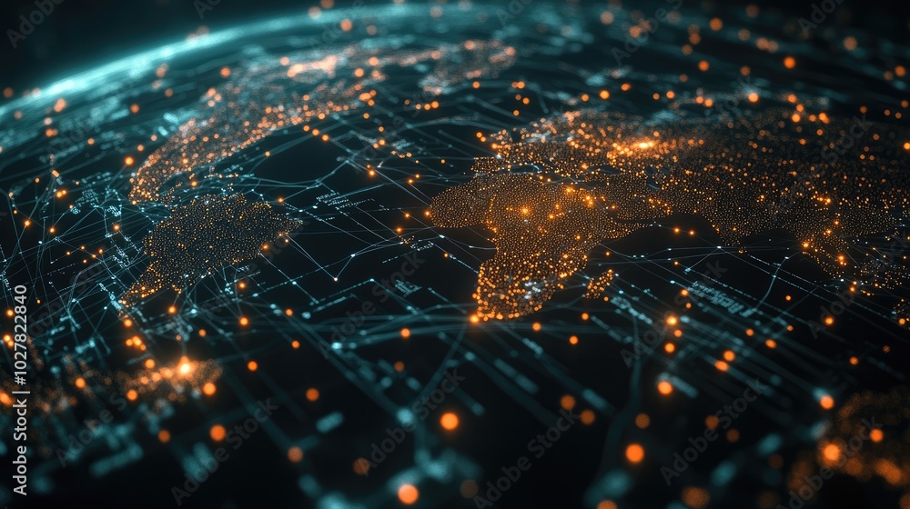 Poster modern visualization of global connectivity with bright, animated lines and nodes forming an advance