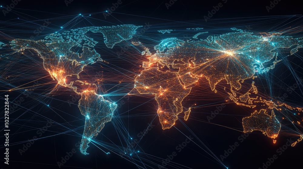 Poster modern visualization of global connectivity with bright, animated lines and nodes forming an advance