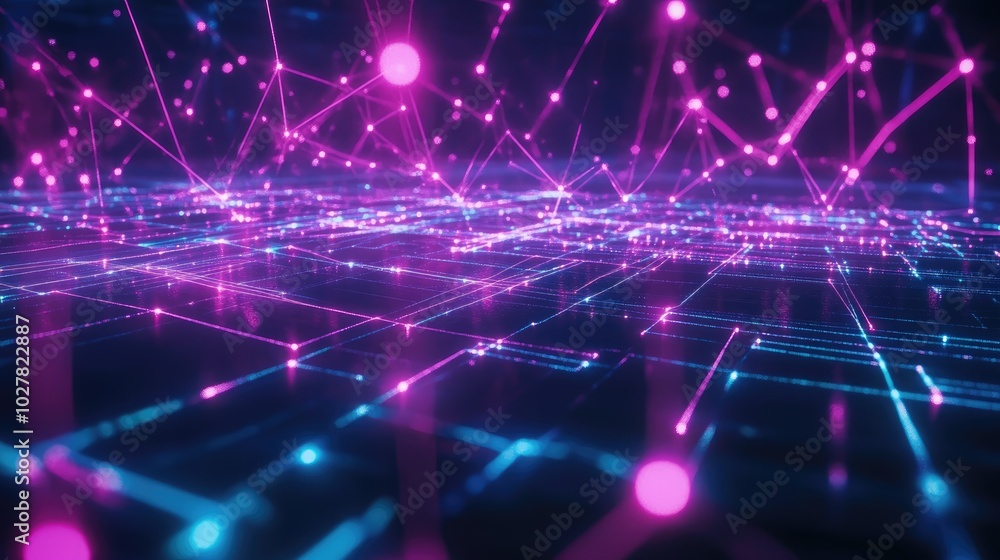 Poster neon abstract network of connected lines creating a high-tech digital environment