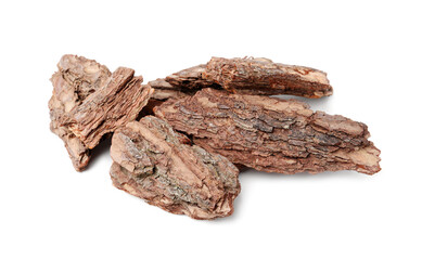 Pieces of tree bark on white background