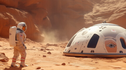 Obraz premium Astronaut exploring a dusty Martian landscape near a futuristic habitat module in daylight
