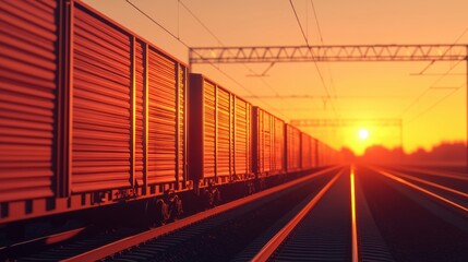 Naklejka premium Cargo train silhouetted against sunset