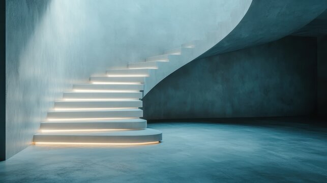 A futuristic spiral staircase with clean lines and minimalistic design, bathed in natural light. The staircase's curves create a sleek, modern aesthetic. - Powered by Adobe