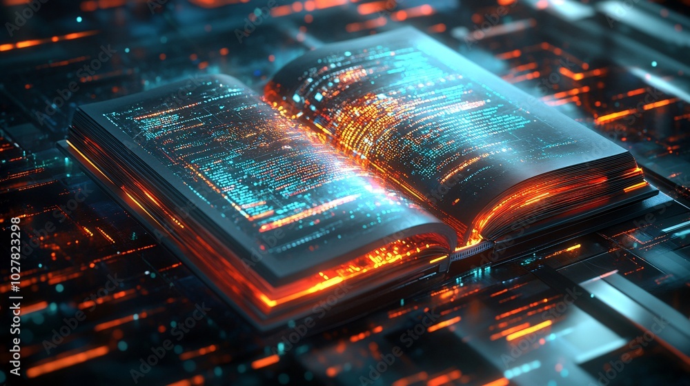 Aufkleber futuristic digital book with glowing data streams on a high-tech circuit board background