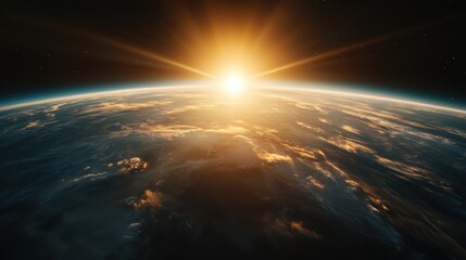 A breathtaking view of the Earth's horizon illuminated by a vibrant sunrise, highlighting the planet's curvature and delicate cloud formations in space.