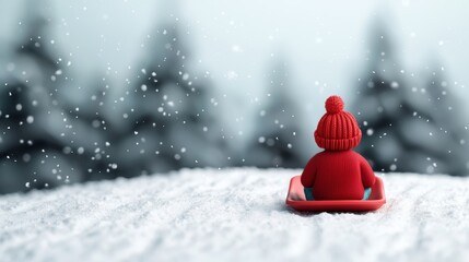 Child on sled enjoying a snowy landscape, winter joy, peaceful winter day.