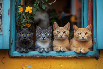 Four cats lounging together on a colorful windowsill in a cozy setting with flowers