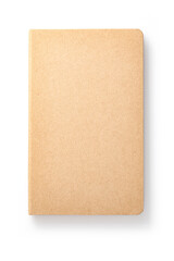 A blank kraft notebook lying flat on a white surface ready for creative writing and ideas to be captured.