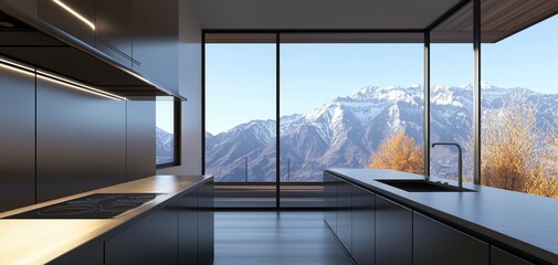 Fototapeta premium Stylish modern kitchen with sleek metal surfaces, open shelving, and mountain views, designed for premium interior design showcases