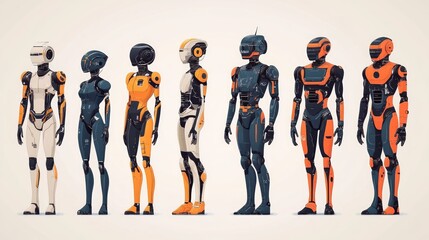 A lineup of futuristic humanoid robots showcasing various designs and colors.