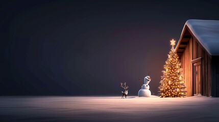 Christmas scene with snowman and reindeer