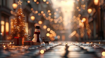 Christmas street scene with decorations.