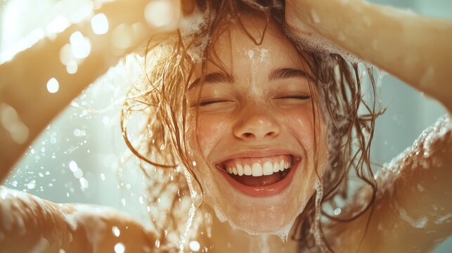 A woman in shower with eyes serenely closed, water and foam cascading around her, showcasing an embodiment of contentment and pure happiness, face relaxed.
