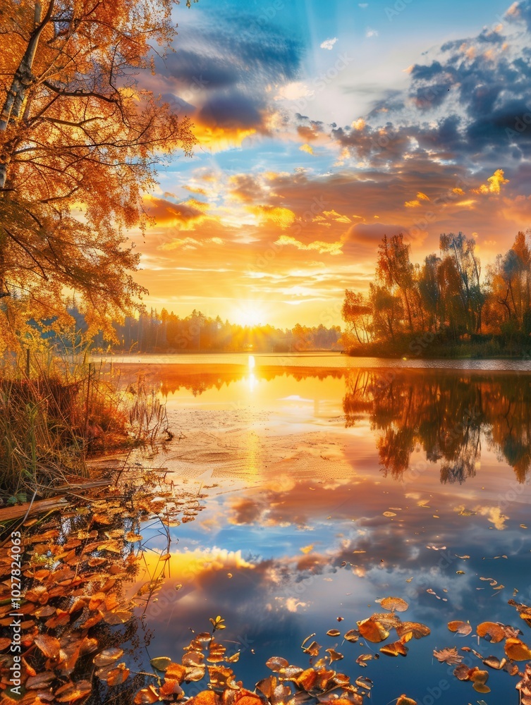 Poster the warm hues of autumn create a stunning sunset above a calm lake, with colorful reflections and fa