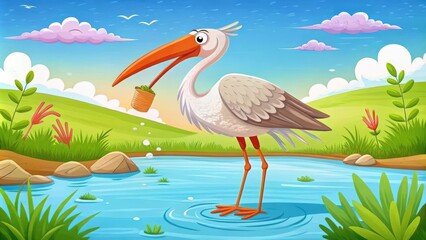 Fototapeta premium Cartoon Stork Holding a Green Plant in its Beak Standing in a Pond
