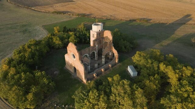 Aerial view of medieval Romanesque church ruin Aracha