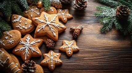 Fototapeta premium Festive Gingerbread Cookies with Icing and Pine Cones on Rustic Wooden Table Surrounded by Evergreen Branches