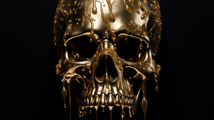 golden shining skull of a man on a black background. a screensaver for the Halloween dead holiday in October. gold drops flow down the skull.