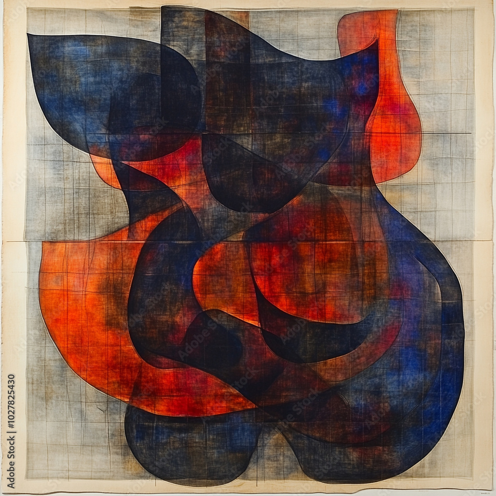 Poster abstract shapes in muted colors create dynamic composition, blending dark and vibrant hues. interpla