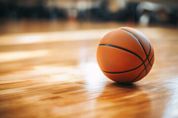 Obraz premium A basketball is sitting on a wooden floor