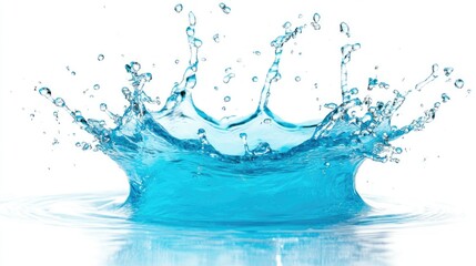 Stunning image of a blue water splash isolated on a white background, featuring vivid colors and intricate patterns of the splash