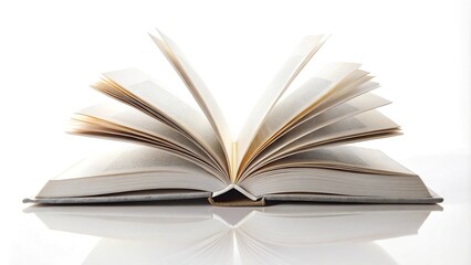 Extreme close-up detailed photograph of single white open book isolated on white background