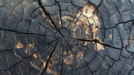 Fototapeta premium Close-up of a charred tree trunk with visible growth rings and cracks