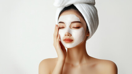 Beautiful asian woman wearing a white towel on her head, applying a cream to her face isolate on white background, skin care advertising model