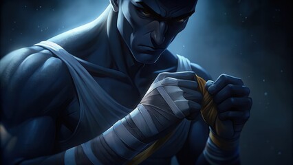 Naklejka premium A Close-Up Portrait of a Determined Boxer with Bandaged Hands