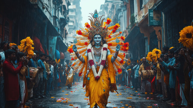 A vibrant street scene during Mahashivratri celebrations, with colorful processions featuring dancers dressed as Shiva and Parvati.