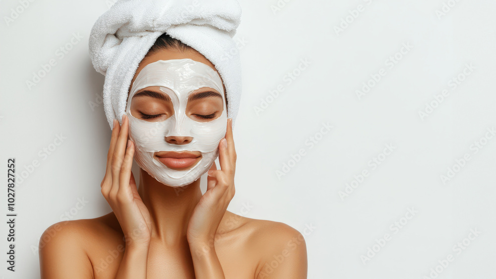 Wall mural A beautiful woman wearing a white towel on her head, applying cream to her face isolate on white background, skin care advertising model