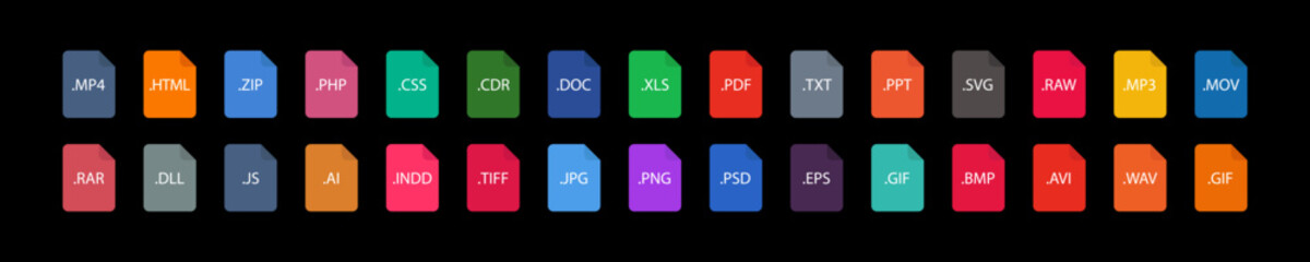 List of Document File Types and Extensions. Set of pdf, doc, jpg, xls, zip. Graphic templates for ui. Common Types of File Formats. Web file labels icon set. Vector illustration.