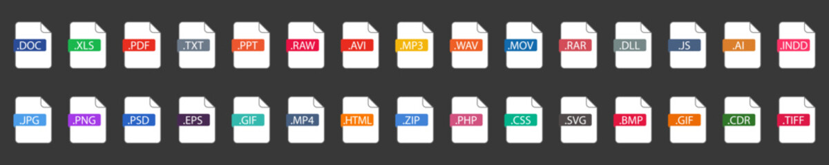 List of Document File Types and Extensions. Set of pdf, doc, jpg, xls, zip. Graphic templates for ui. Common Types of File Formats. Web file labels icon set. Vector illustration.