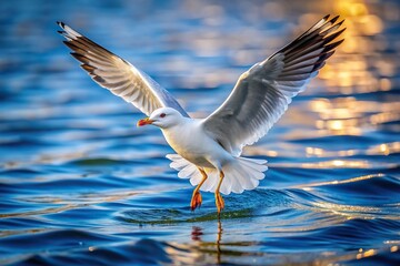 horizon, coastal, serene, graceful, flying, gliding, bird, close-up, tranquility, A seagull gracefully gliding over the water its wings almost touching the surface captured from a low angle