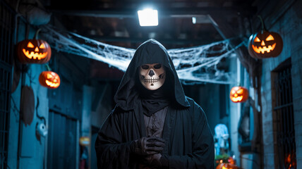 Mysterious masked figure in a dark alleyway, lit by street lamps and decorated with pumpkins. Ideal for Halloween, thriller, or suspenseful themed content