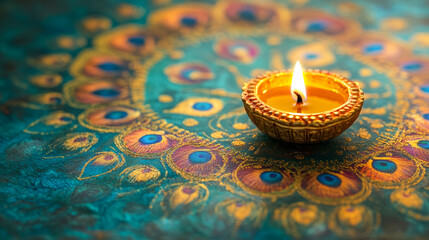 Diwali festive background with peacock feather design and illuminated oil lamp
