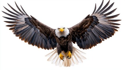 Fototapeta premium Bald eagle in flight, showcasing its majestic wingspan against a white background.