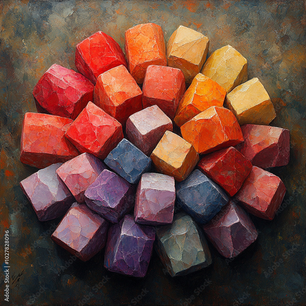Poster colorful cubes arranged in 3d pattern create vibrant and dynamic visual effect on dark surface, show