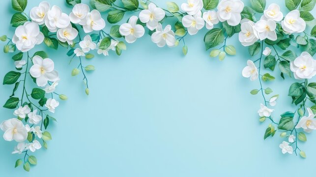 Elegant white flowers frame a serene blue background, perfect for invitations, beauty products, or wedding decor.