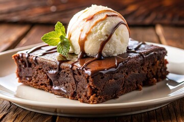 Extreme close-up of chocolate brownie with ice cream on plate