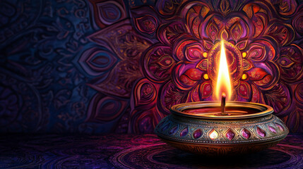 Diwali Festive Background with Ornamental Diya Lamp Hindu Tradition Celebration Golden Design Rangoli Pattern Spiritual India Culture Glowing Flame Decoration Prosperity Wealth Lakshmi Ganesh