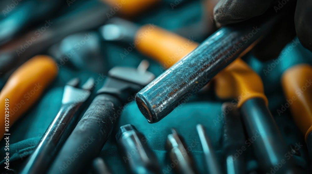 Poster a close-up image of various metallic tools such as wrenches and screwdrivers laid out on a dark fabr