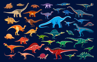 Prehistoric dinosaurs and reptiles cartoon characters. Cute color jurassic dino animals vector background with triceratops, lotosaurus, glyptodon. Extinct carnotaurus, raptor and archelon dinosaurs