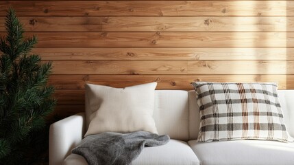 Cozy living room with a white sofa, cushions, and a wooden wall backdrop.