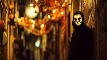 Mysterious masked figure in a dark alleyway, lit by street lamps and decorated with pumpkins. Ideal for Halloween, thriller, or suspenseful themed content