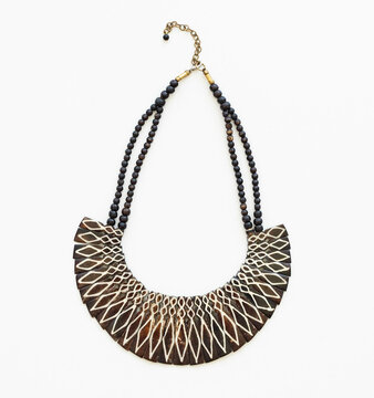 Tribal Batik Bone Bead Necklace &ndash; Boho Style Jewelry Flatlay on White Background