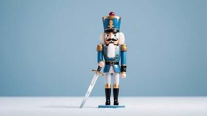 Elegant blue nutcracker soldier figure with silver sword posed majestically against minimalist background
